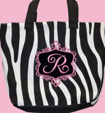 Monogram Lunch Tote - Black White Stripe with Hot Pink